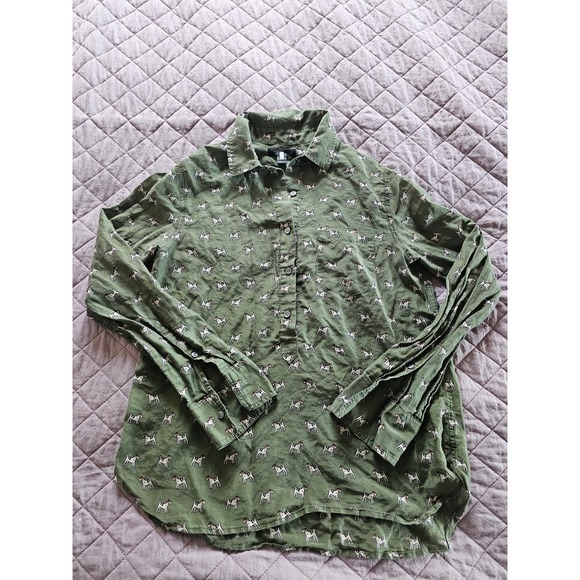 J.Crew Terrier Dog print Green Silk Cotton Blend Maximalist Preppy Shirt sz 2 - Picture 2 of 8